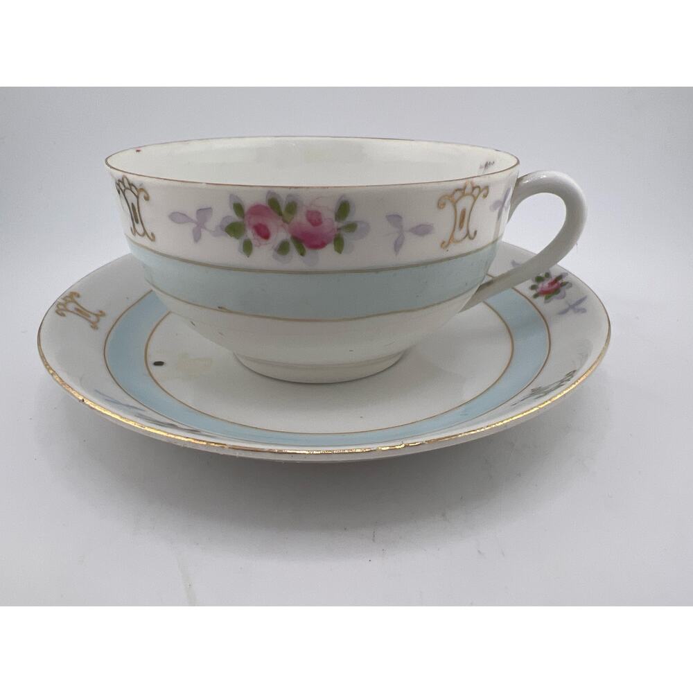 Vintage Tea Cup and Saucer Nippon Blue White Flowers‎ Floral Gold